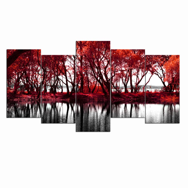 LevvArts - Black and White Red Canvas Wall Art Red Tree Forest by Lake Pictures Autumn Landscape Painting Modern Home Decor Giclee Artwork Stretched and Framed Ready to Hang - Image 1